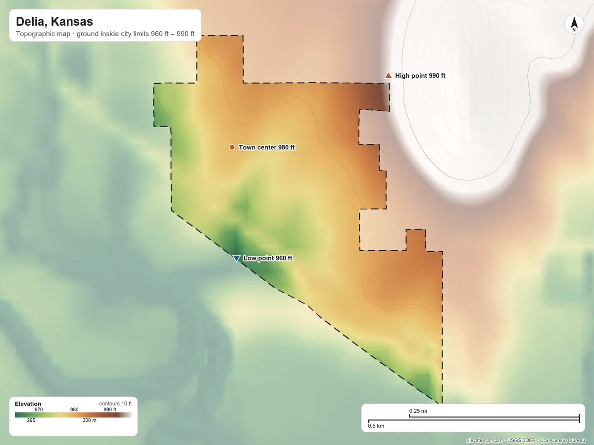 Topographic elevation map of Delia, Kansas, shaded from 960 ft on the south side to 990 ft on the northeast side