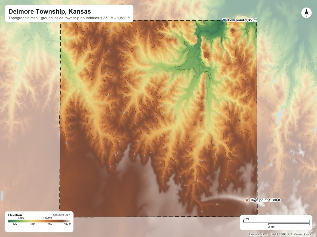 Topographic elevation map of Delmore Township, Kansas, shaded from 1,350 ft on the northeast side to 1,580 ft on the southeast side