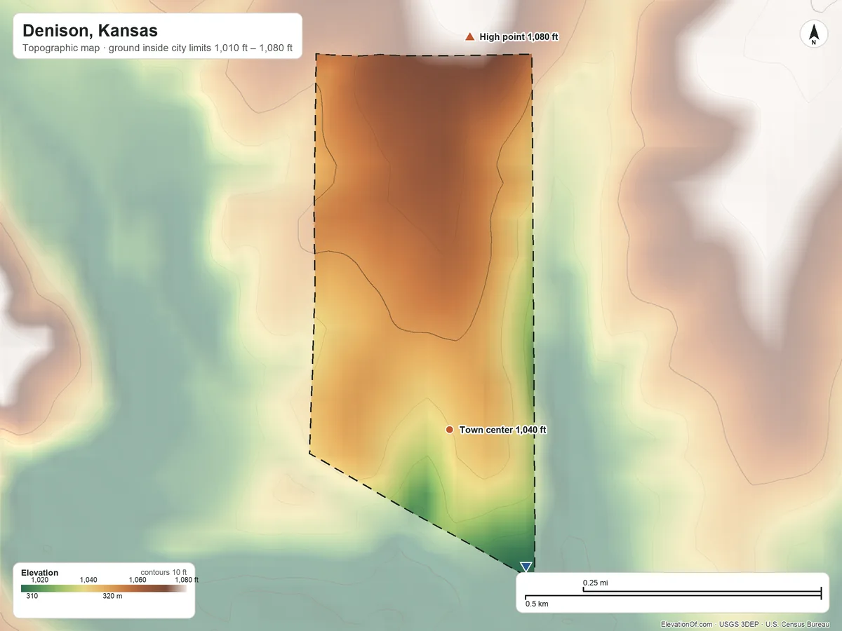 Topographic elevation map of Denison, Kansas, shaded from 1,010 ft on the southeast side to 1,080 ft on the north side