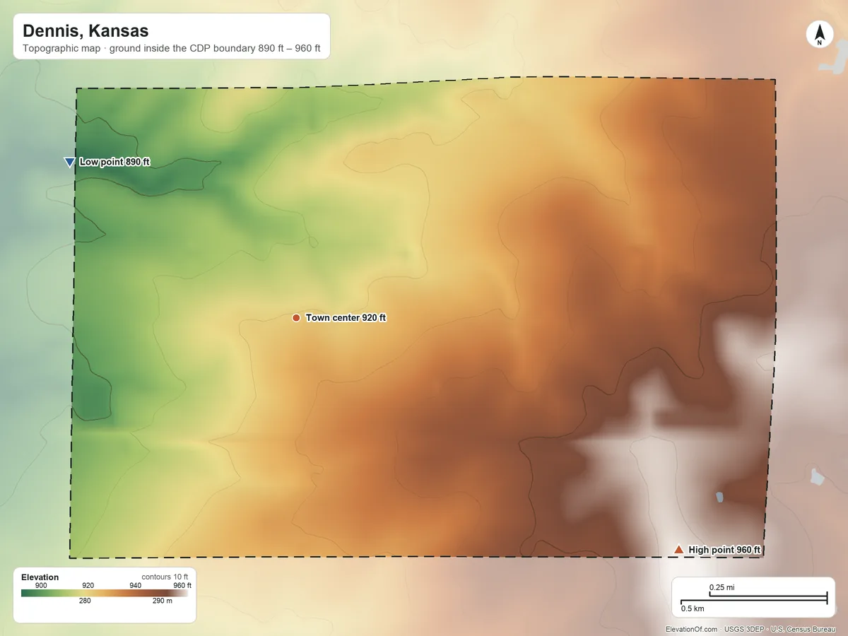 Topographic elevation map of Dennis, Kansas, shaded from 890 ft on the northwest side to 960 ft on the southeast side