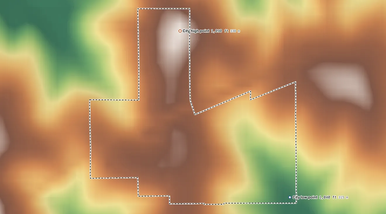 Topographic elevation map of Denton, Kansas, shaded from 1,040 ft on the southeast side to 1,090 ft on the northwest side