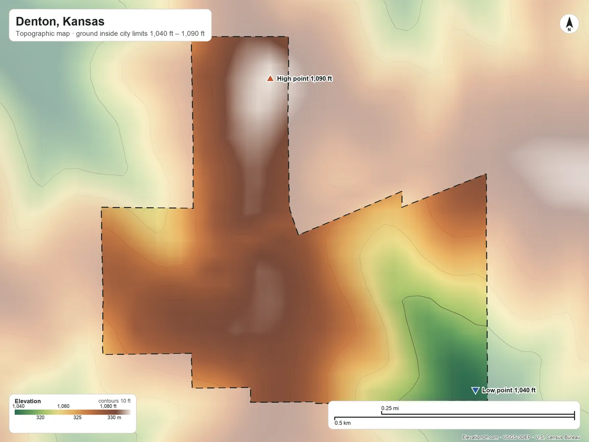 Topographic elevation map of Denton, Kansas, shaded from 1,040 ft on the southeast side to 1,090 ft on the northwest side