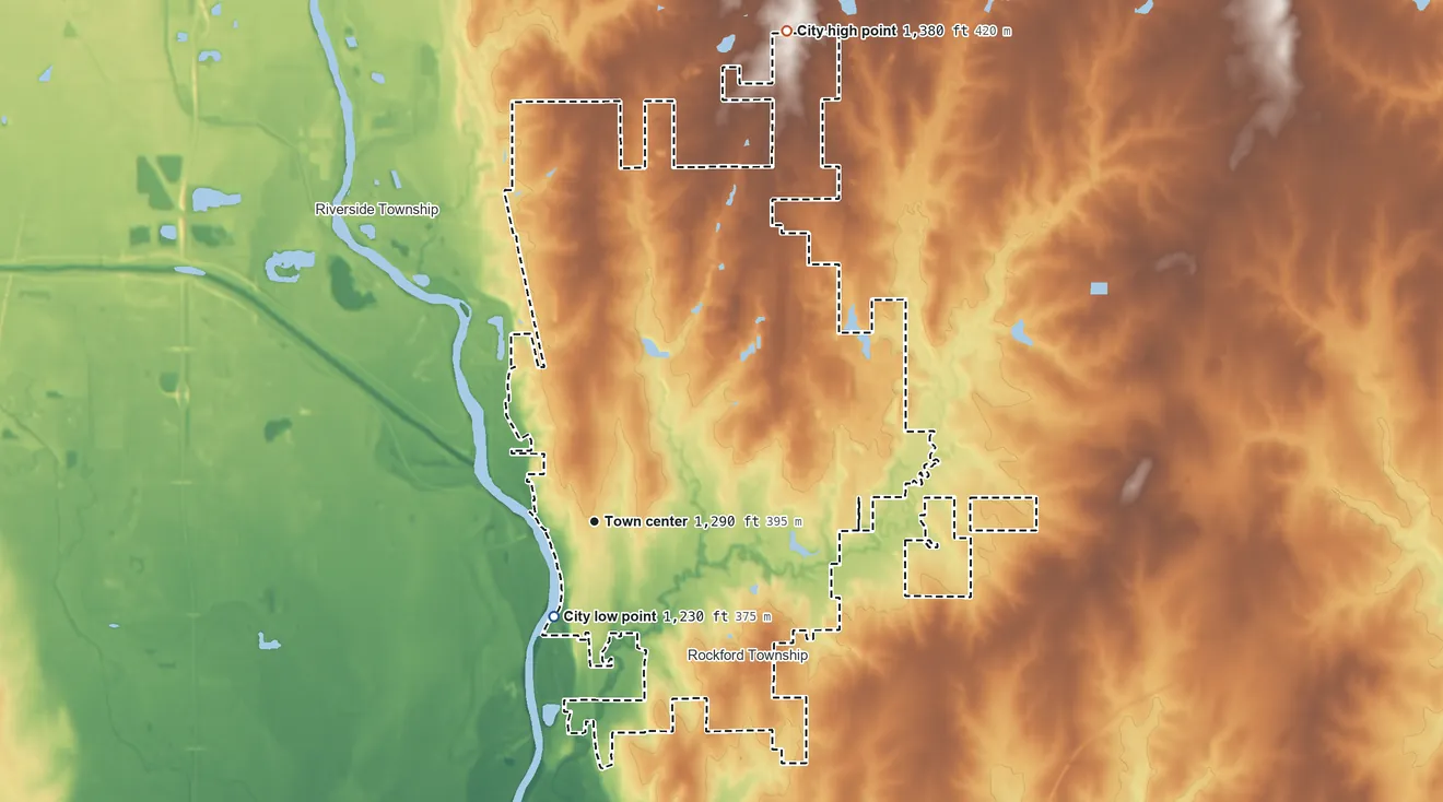 Topographic elevation map of Derby, Kansas, shaded from 1,230 ft on the southwest side to 1,380 ft on the north side