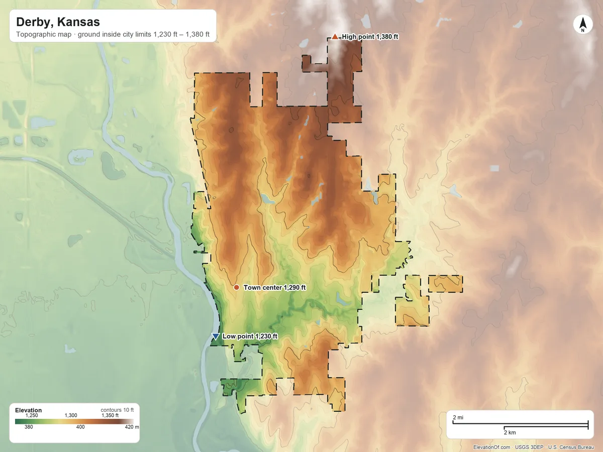 Topographic elevation map of Derby, Kansas, shaded from 1,230 ft on the southwest side to 1,380 ft on the north side