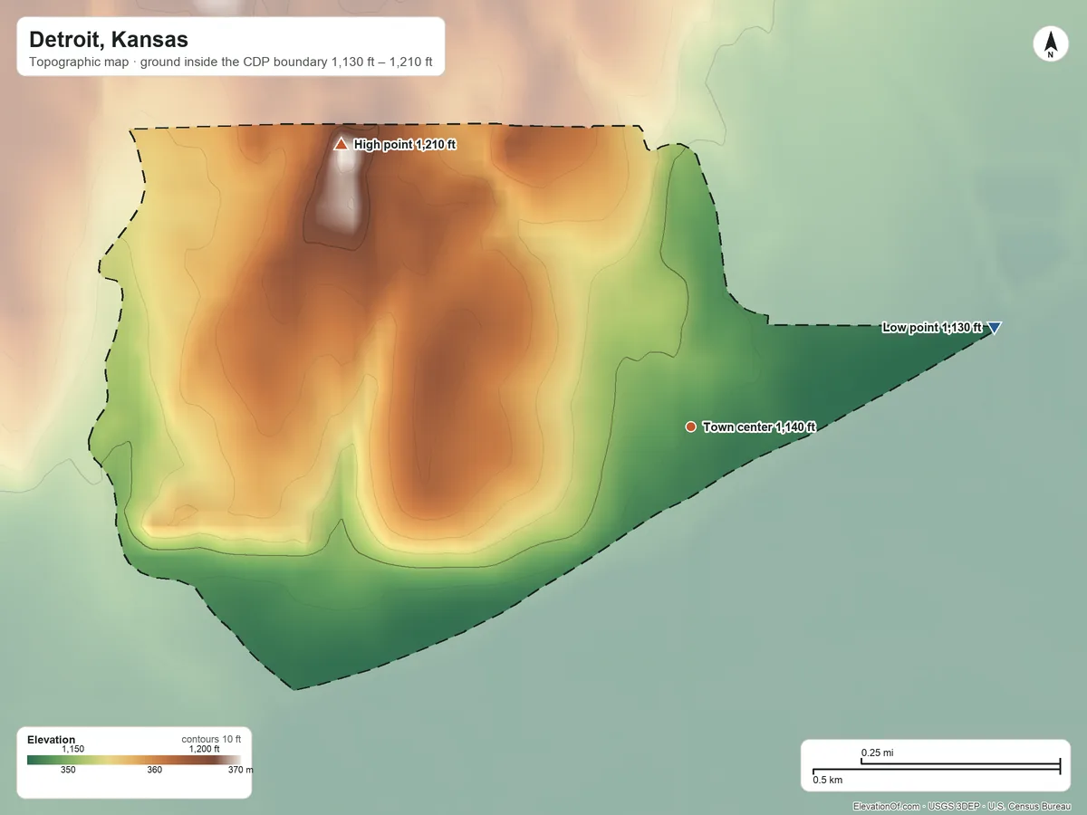 Topographic elevation map of Detroit, Kansas, shaded from 1,130 ft on the east side to 1,210 ft on the northwest side