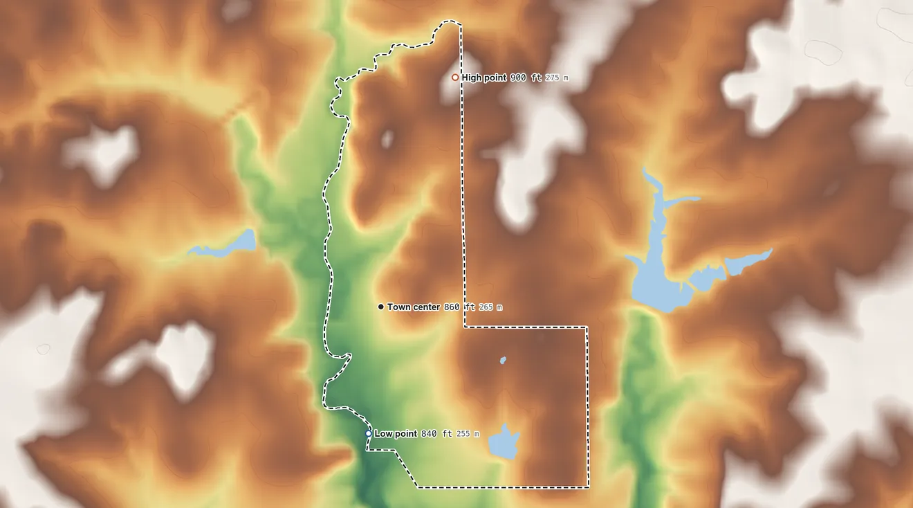 Topographic elevation map of Devon, Kansas, shaded from 840 ft on the south side to 900 ft on the north side
