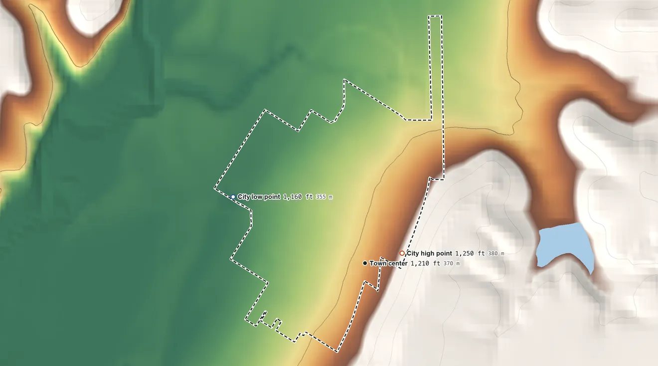 Topographic elevation map of Dexter, Kansas, shaded from 1,160 ft on the northwest side to 1,250 ft near the middle