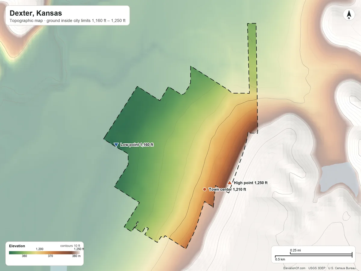 Topographic elevation map of Dexter, Kansas, shaded from 1,160 ft on the northwest side to 1,250 ft near the middle