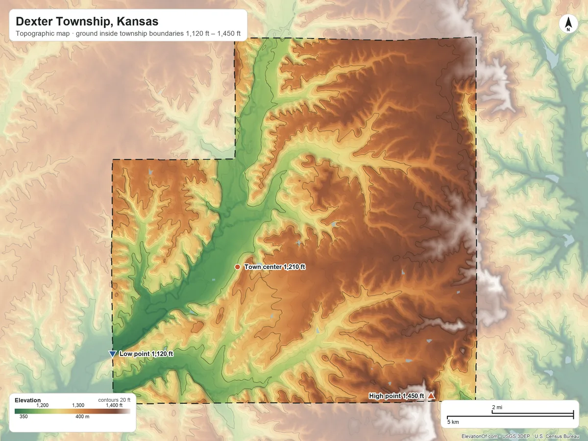 Topographic elevation map of Dexter Township, Kansas, shaded from 1,120 ft on the southwest side to 1,450 ft on the southeast side