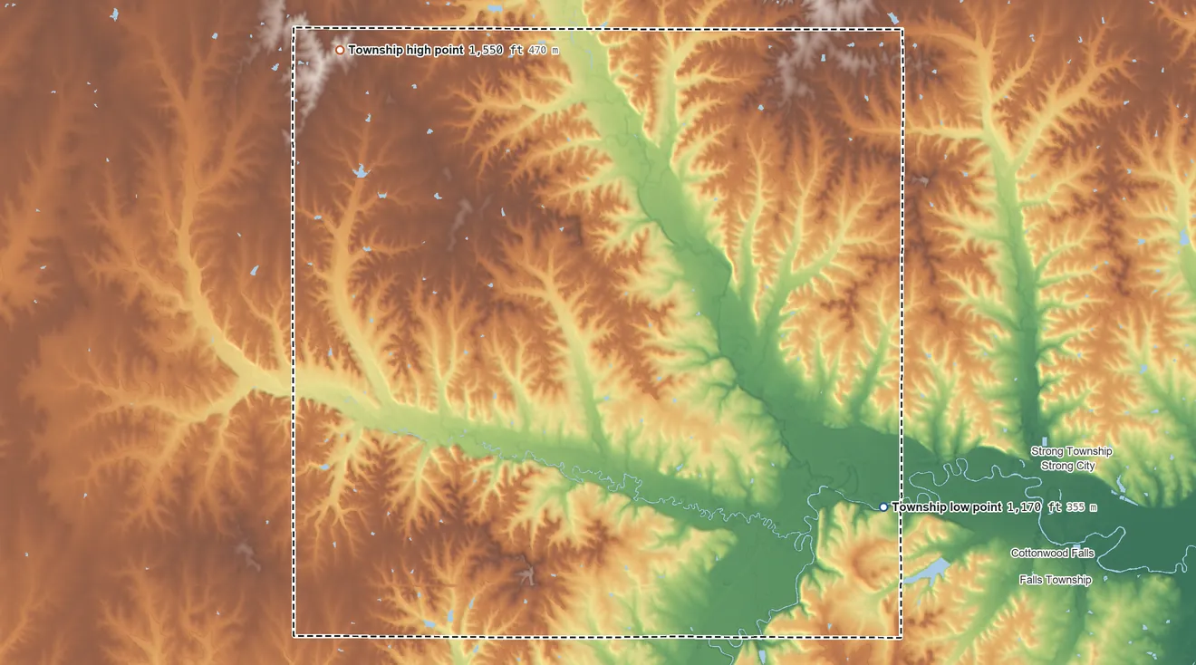 Topographic elevation map of Diamond Creek Township, Kansas, shaded from 1,170 ft on the southeast side to 1,550 ft on the northwest side