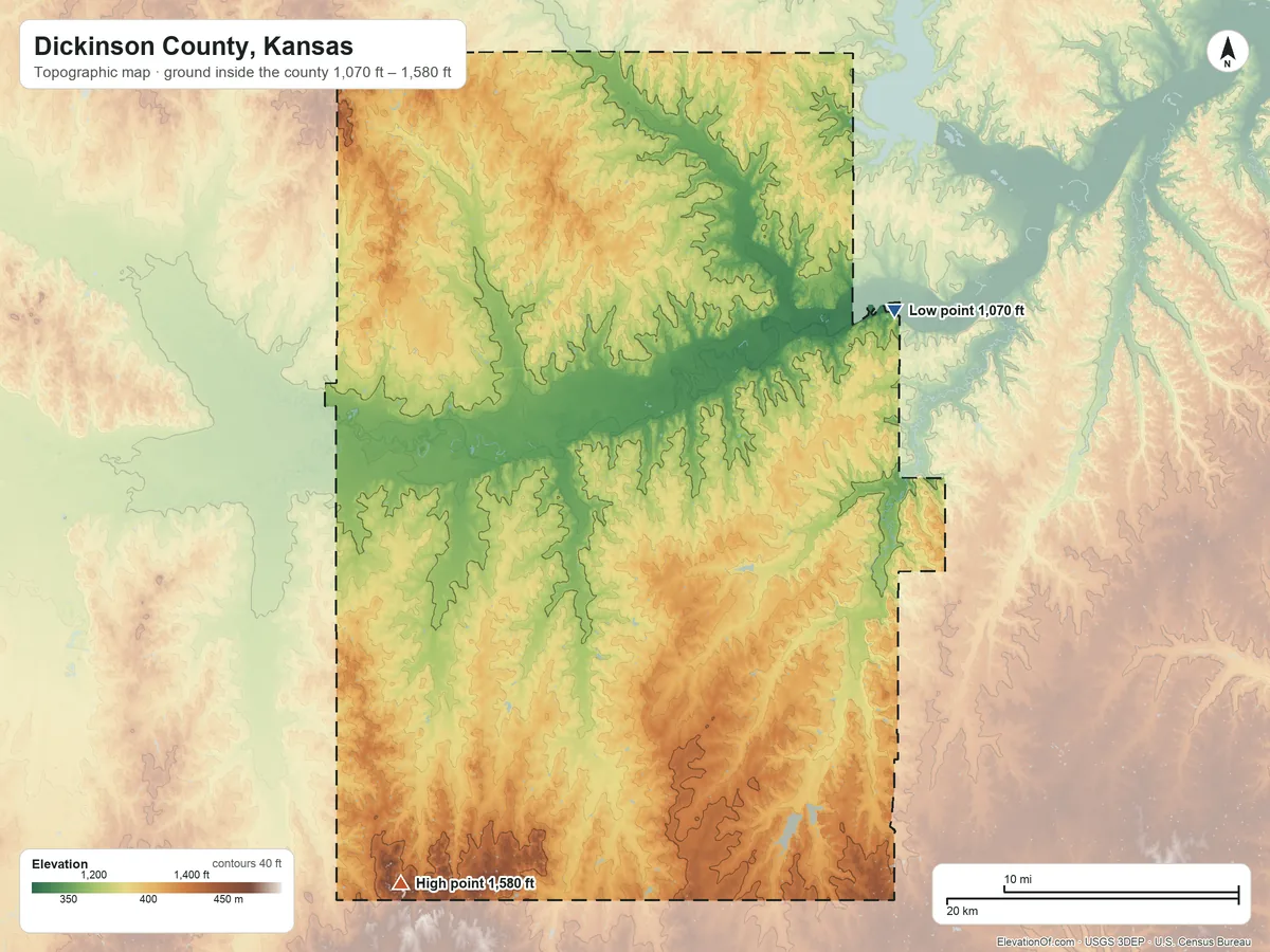 Topographic elevation map of Dickinson County, Kansas, shaded from 1,070 ft on the northeast side to 1,580 ft on the southwest side