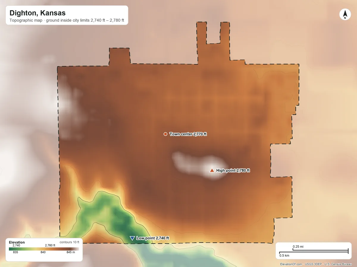 Topographic elevation map of Dighton, Kansas, shaded from 2,740 ft on the south side to 2,780 ft on the southeast side