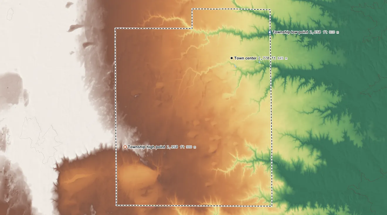 Topographic elevation map of Dighton Township, Kansas, shaded from 2,650 ft on the northeast side to 2,950 ft on the southwest side