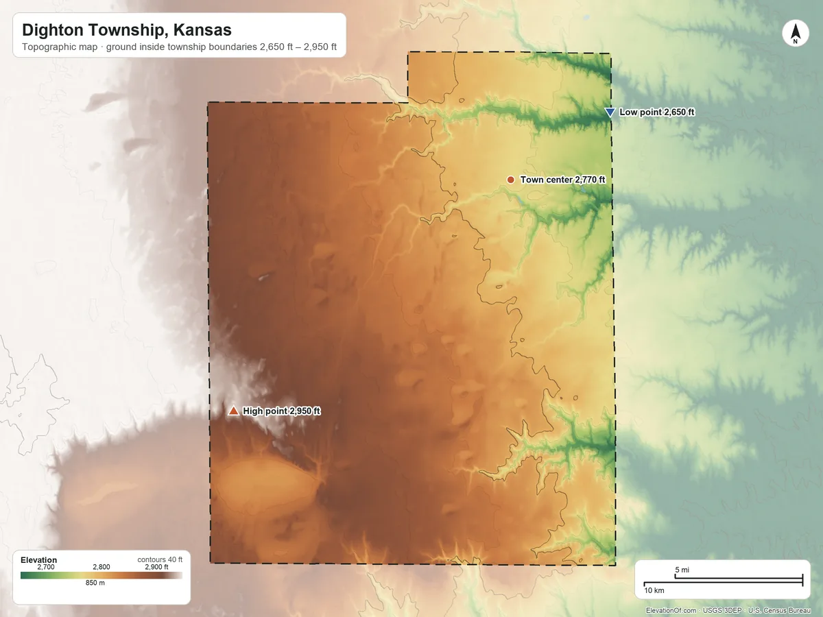 Topographic elevation map of Dighton Township, Kansas, shaded from 2,650 ft on the northeast side to 2,950 ft on the southwest side