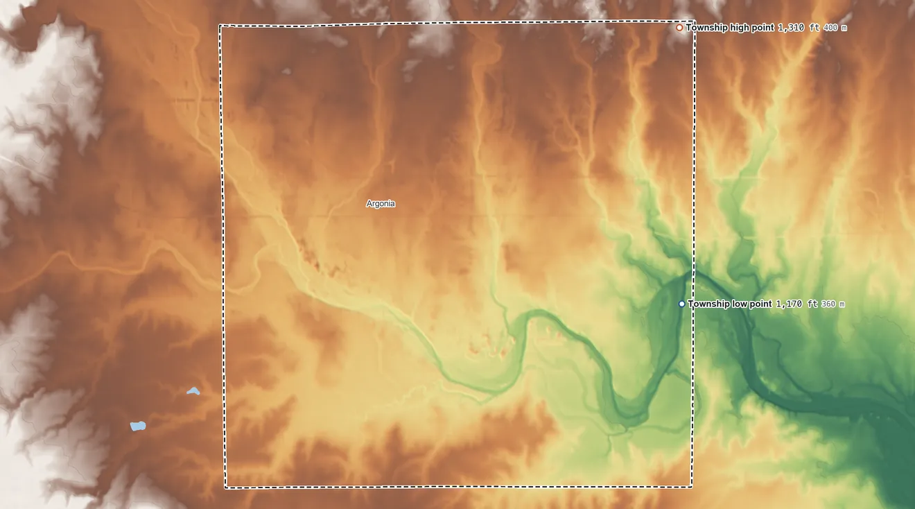 Topographic elevation map of Dixon Township, Kansas, shaded from 1,170 ft on the east side to 1,310 ft on the northeast side