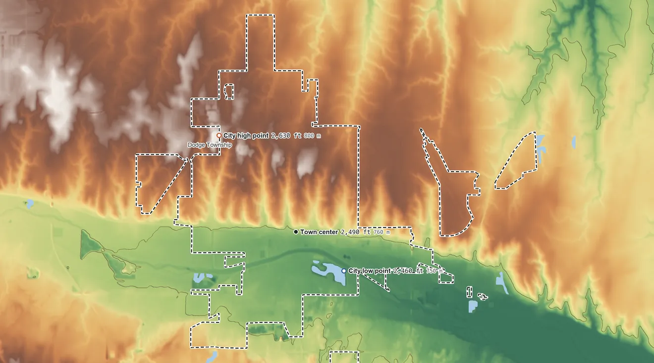 Topographic elevation map of Dodge City, Kansas, shaded from 2,460 ft on the southeast side to 2,630 ft on the northwest side