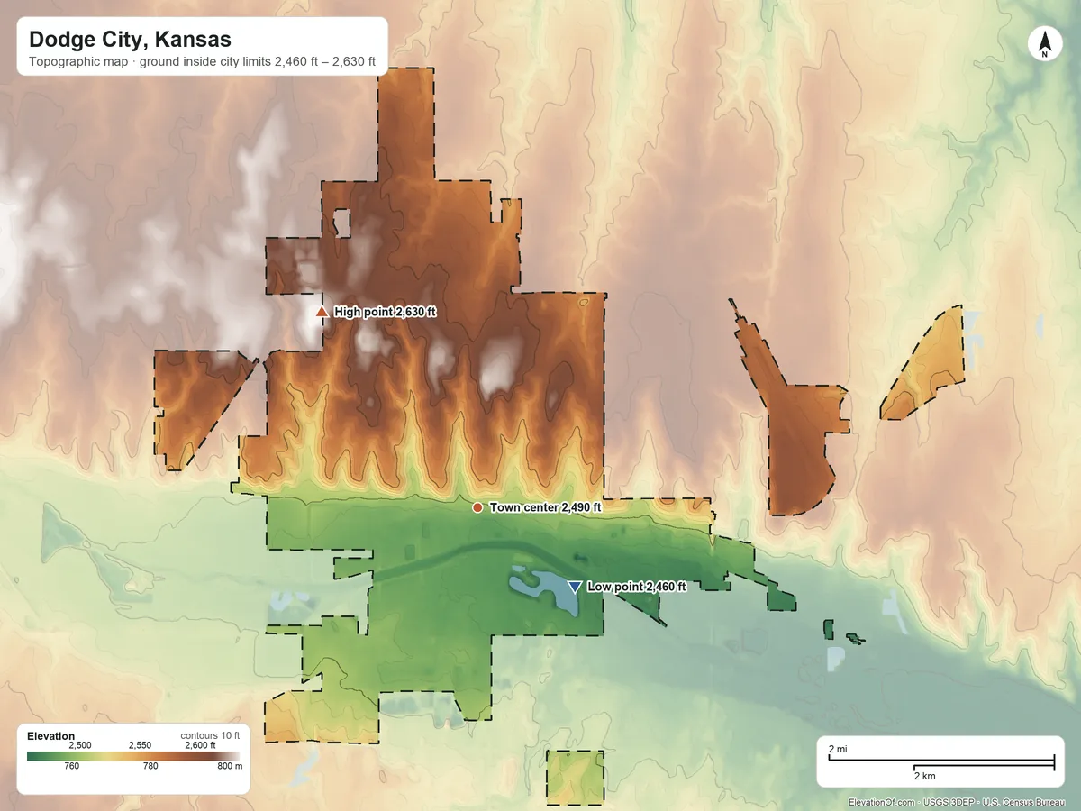 Topographic elevation map of Dodge City, Kansas, shaded from 2,460 ft on the southeast side to 2,630 ft on the northwest side