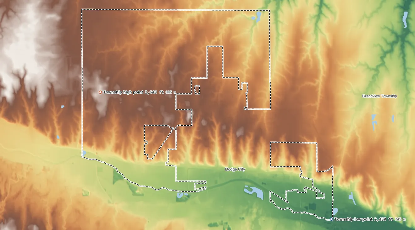 Topographic elevation map of Dodge Township, Kansas, shaded from 2,450 ft on the southeast side to 2,640 ft on the west side