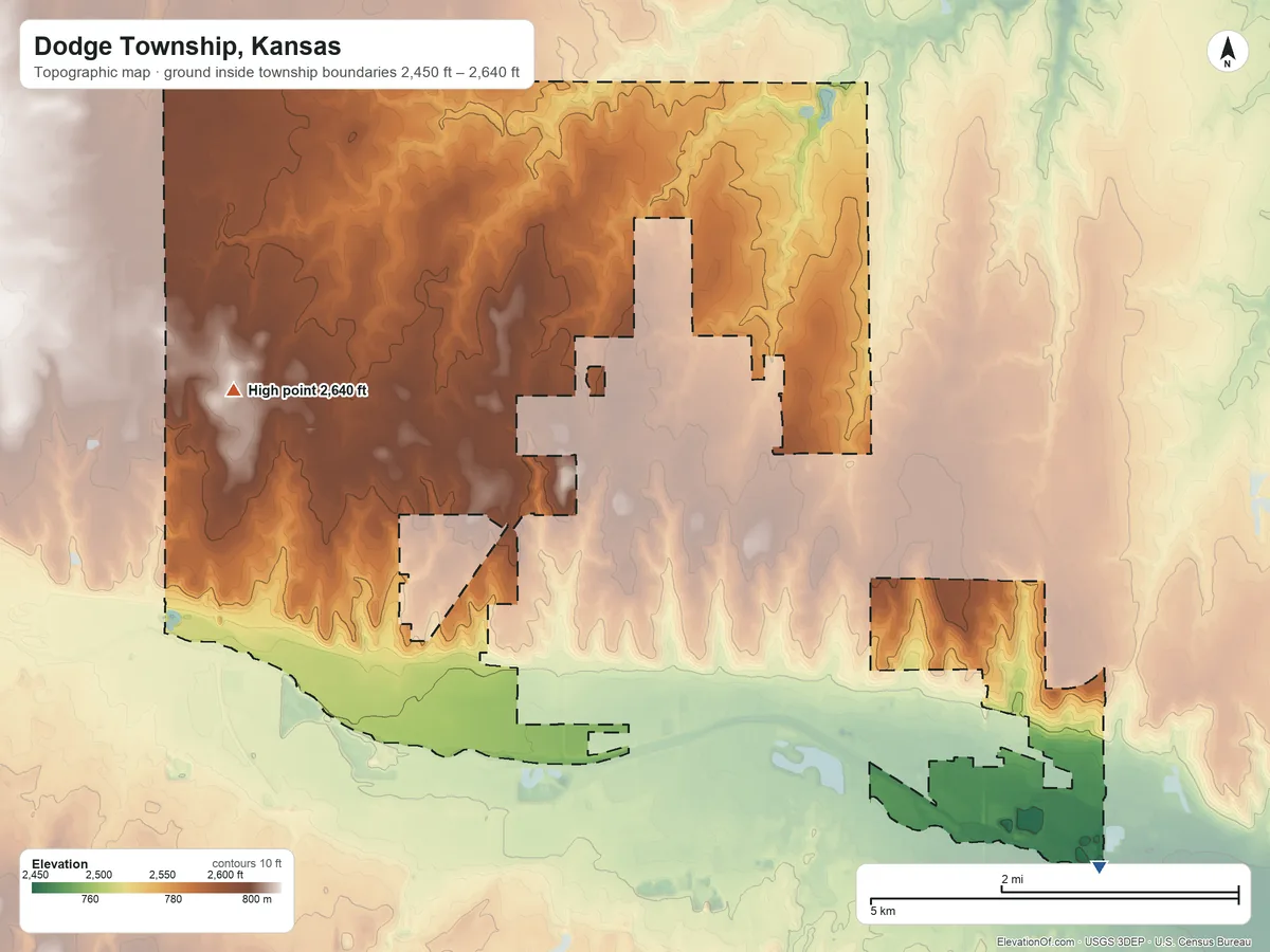 Topographic elevation map of Dodge Township, Kansas, shaded from 2,450 ft on the southeast side to 2,640 ft on the west side