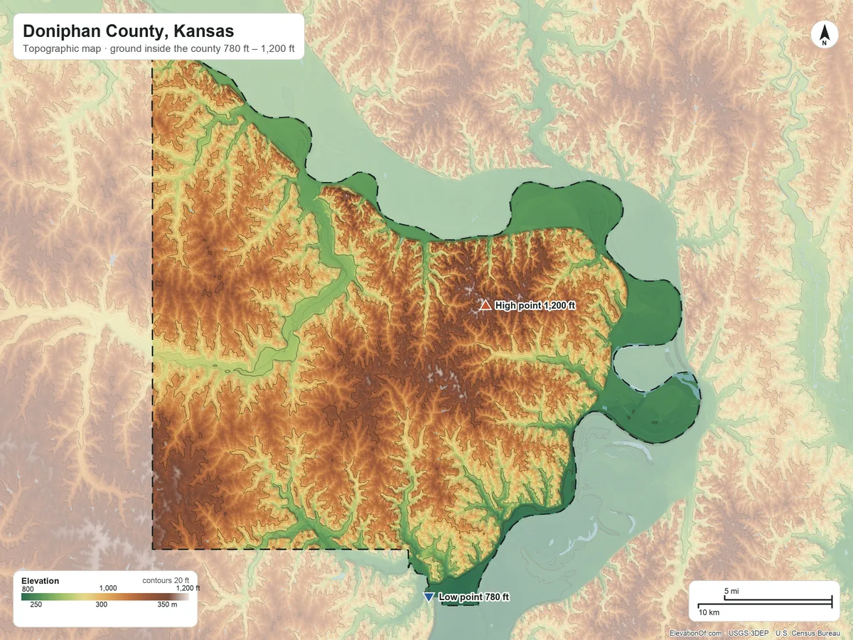 Topographic elevation map of Doniphan County, Kansas, shaded from 780 ft on the south side to 1,200 ft near the middle