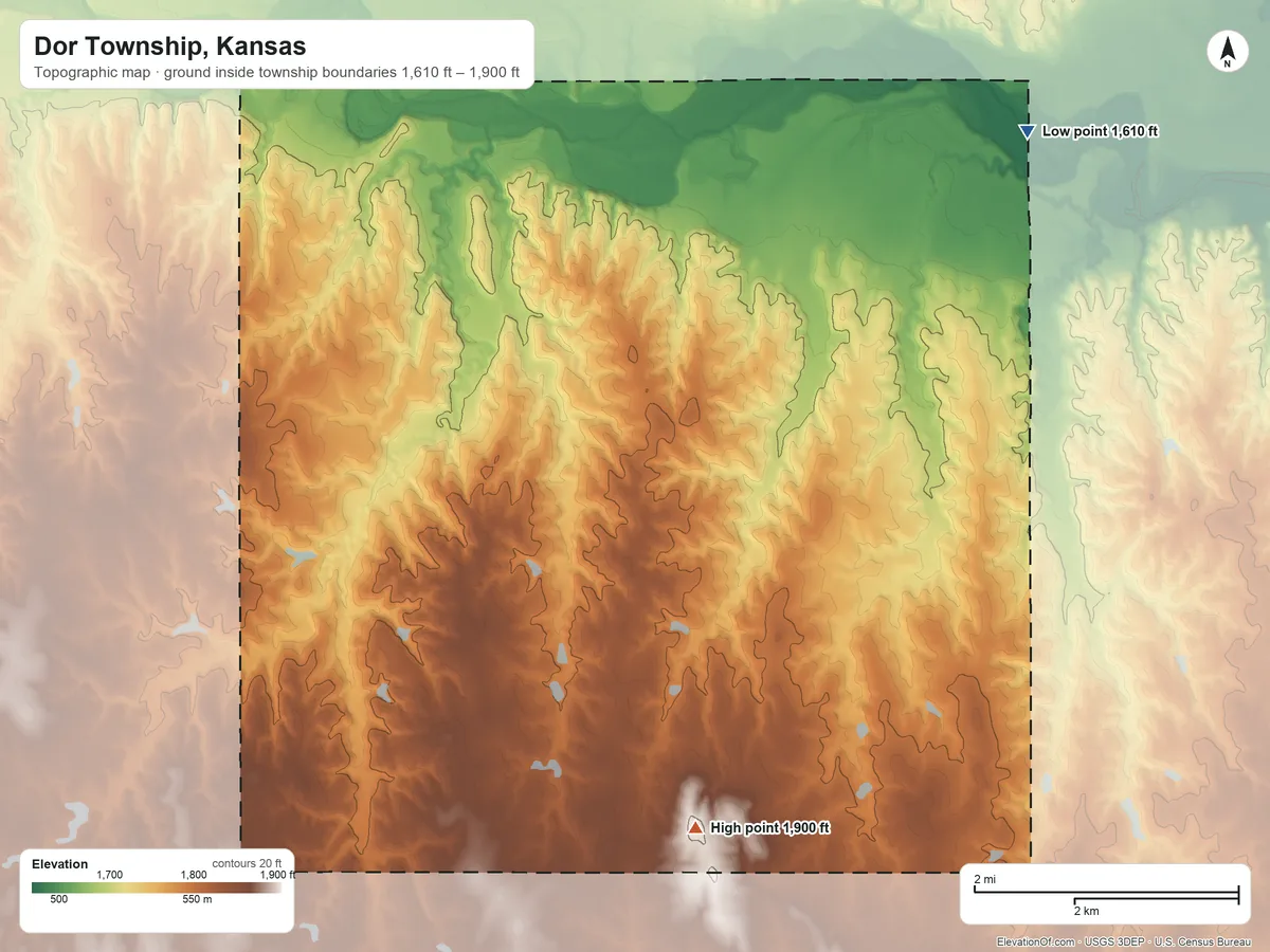 Topographic elevation map of Dor Township, Kansas, shaded from 1,610 ft on the northeast side to 1,900 ft on the south side