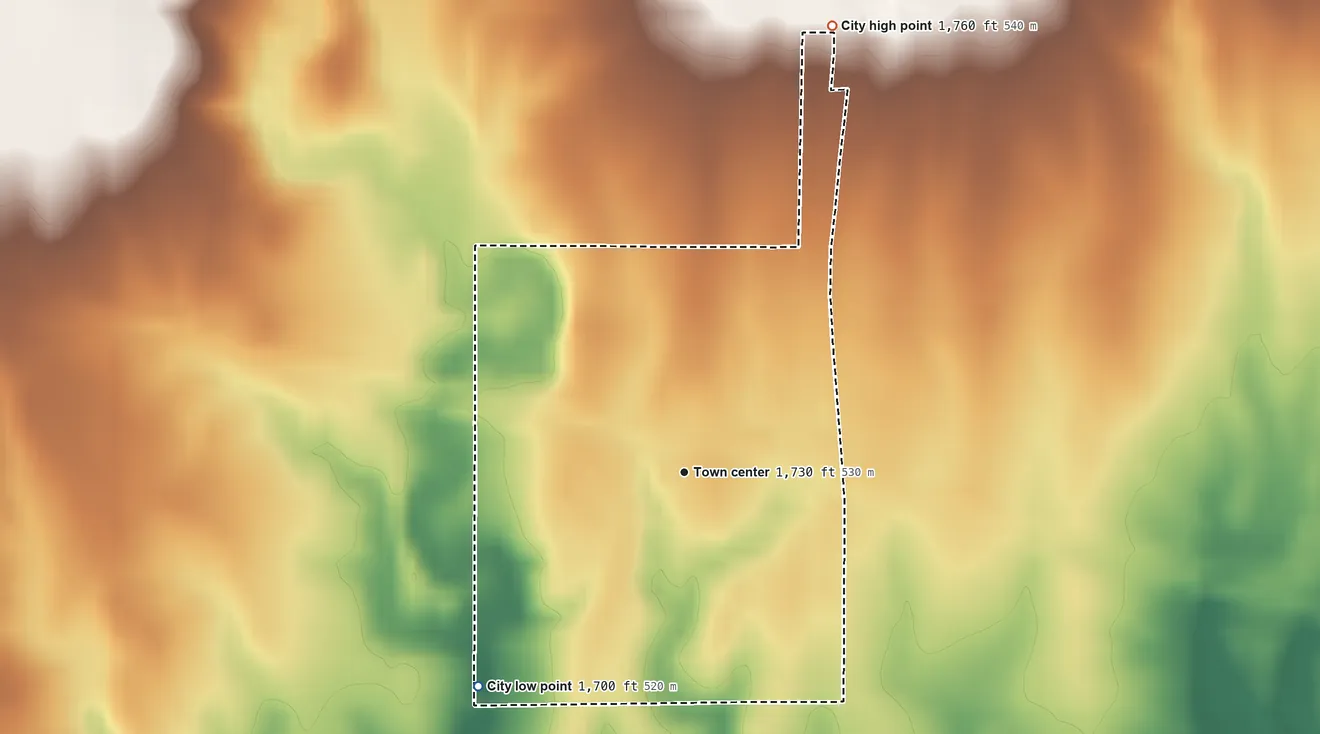 Topographic elevation map of Dorrance, Kansas, shaded from 1,700 ft on the southwest side to 1,760 ft on the north side