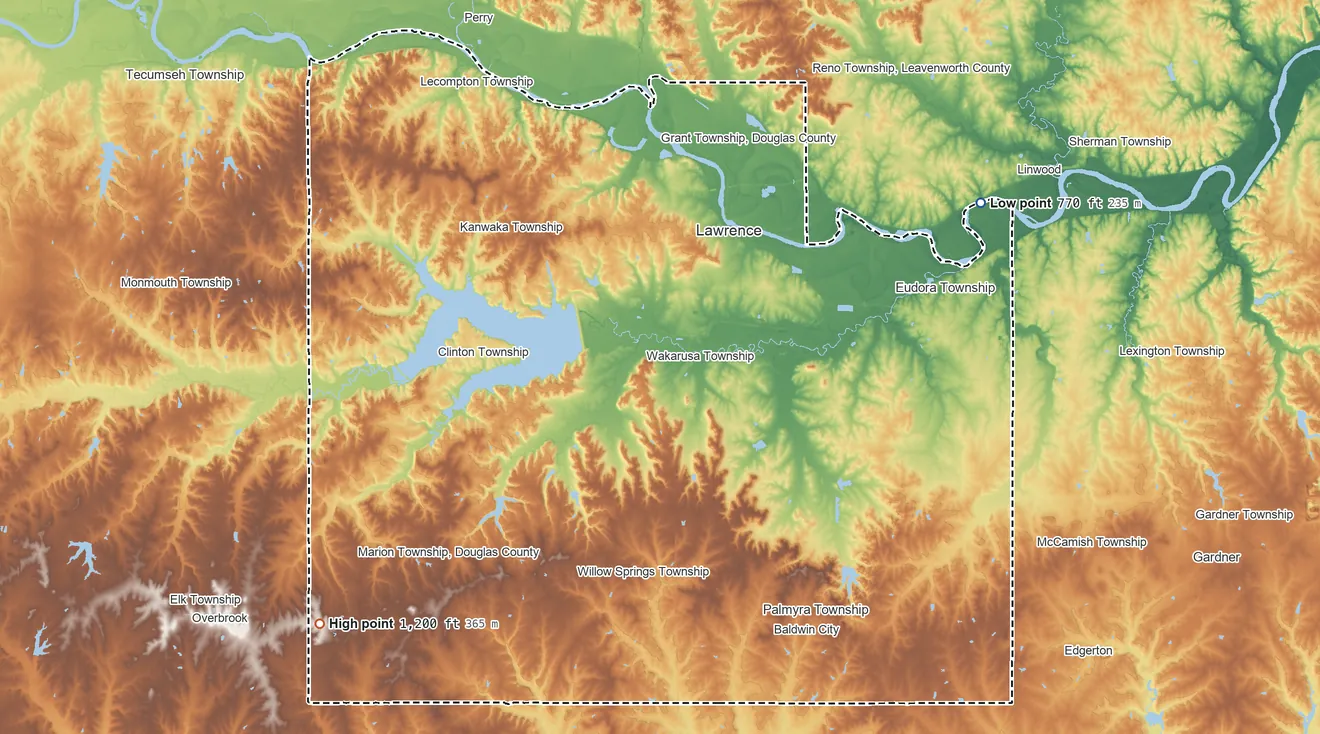 Topographic elevation map of Douglas County, Kansas, shaded from 770 ft on the northeast side to 1,200 ft on the southwest side