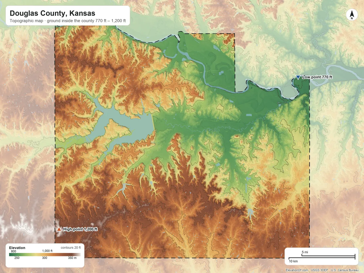 Topographic elevation map of Douglas County, Kansas, shaded from 770 ft on the northeast side to 1,200 ft on the southwest side