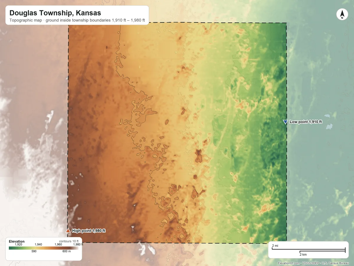 Topographic elevation map of Douglas Township, Kansas, shaded from 1,910 ft on the southeast side to 1,980 ft on the southwest side