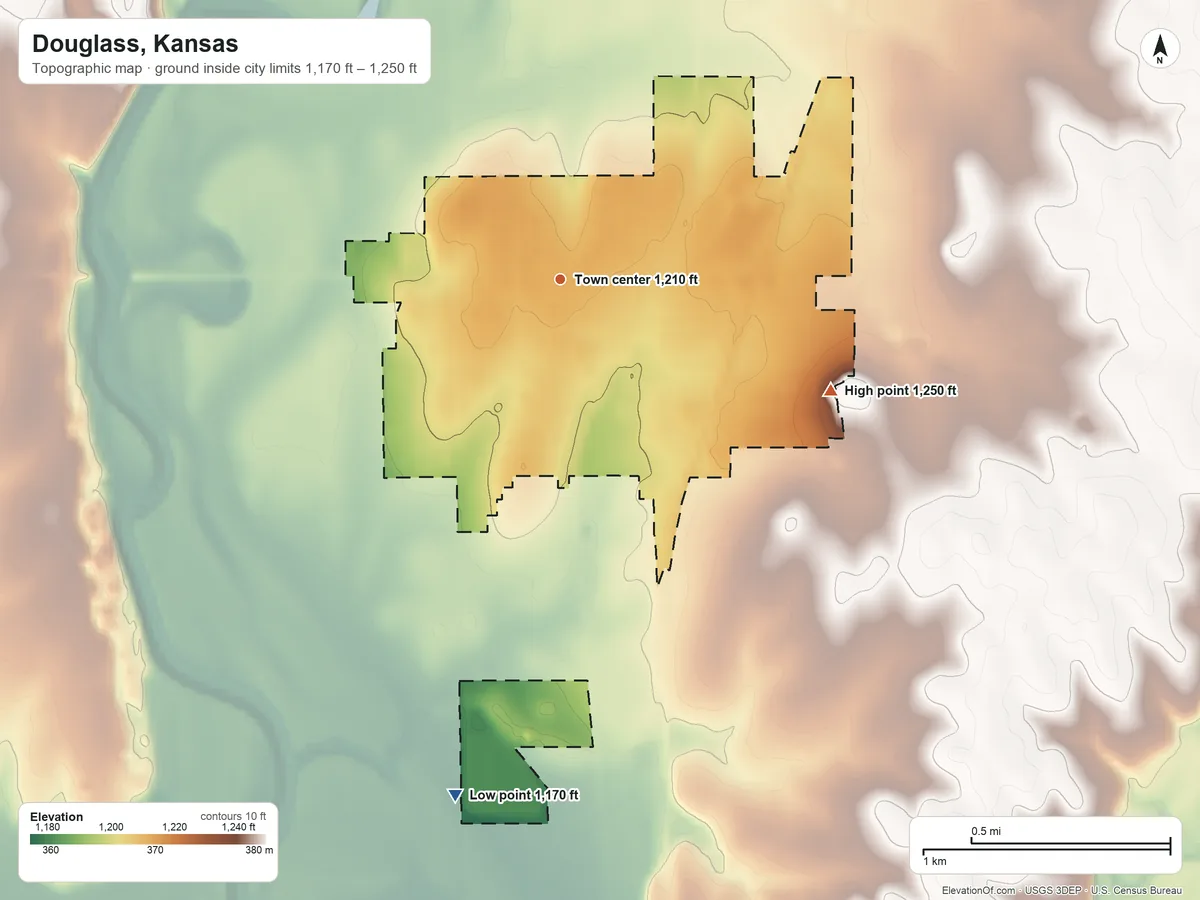 Topographic elevation map of Douglass, Kansas, shaded from 1,170 ft on the south side to 1,250 ft on the east side