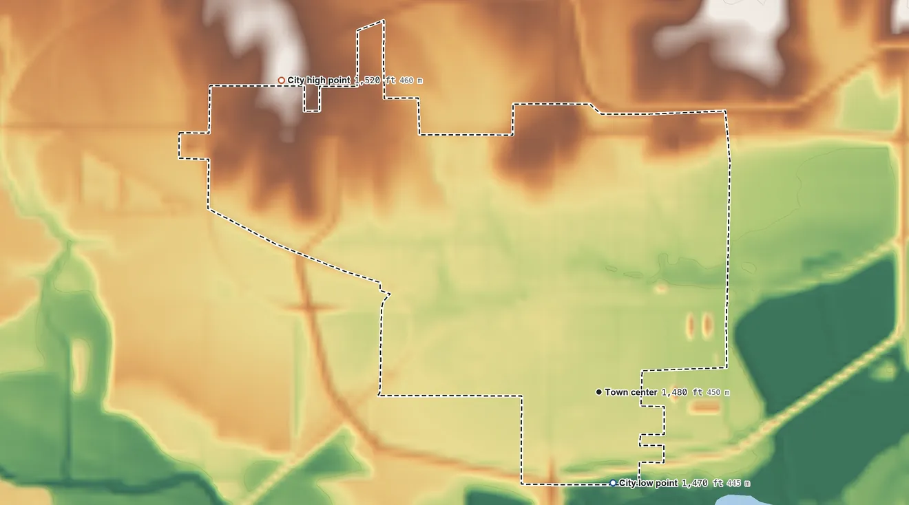 Topographic elevation map of Downs, Kansas, shaded from 1,470 ft on the south side to 1,520 ft on the northwest side