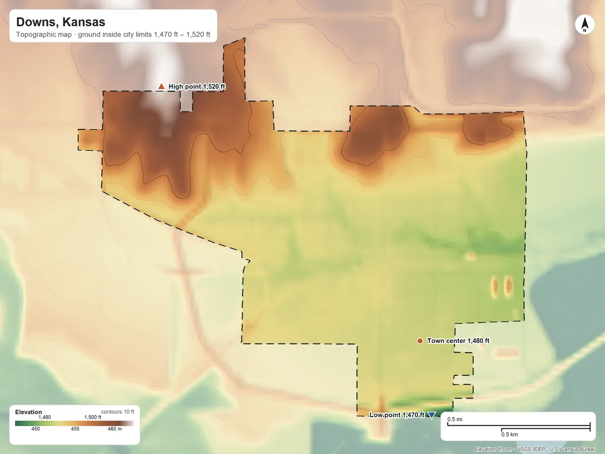 Topographic elevation map of Downs, Kansas, shaded from 1,470 ft on the south side to 1,520 ft on the northwest side