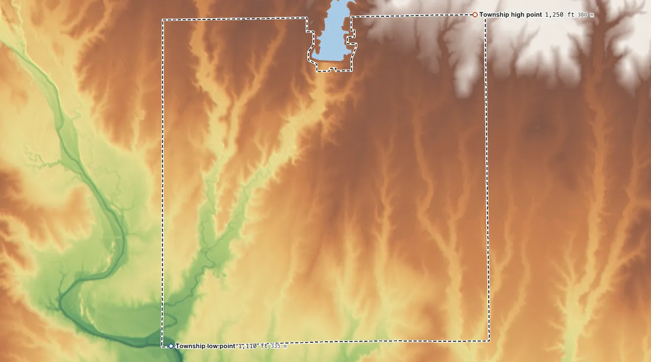 Topographic elevation map of Downs Township, Kansas, shaded from 1,110 ft on the southwest side to 1,250 ft on the northeast side
