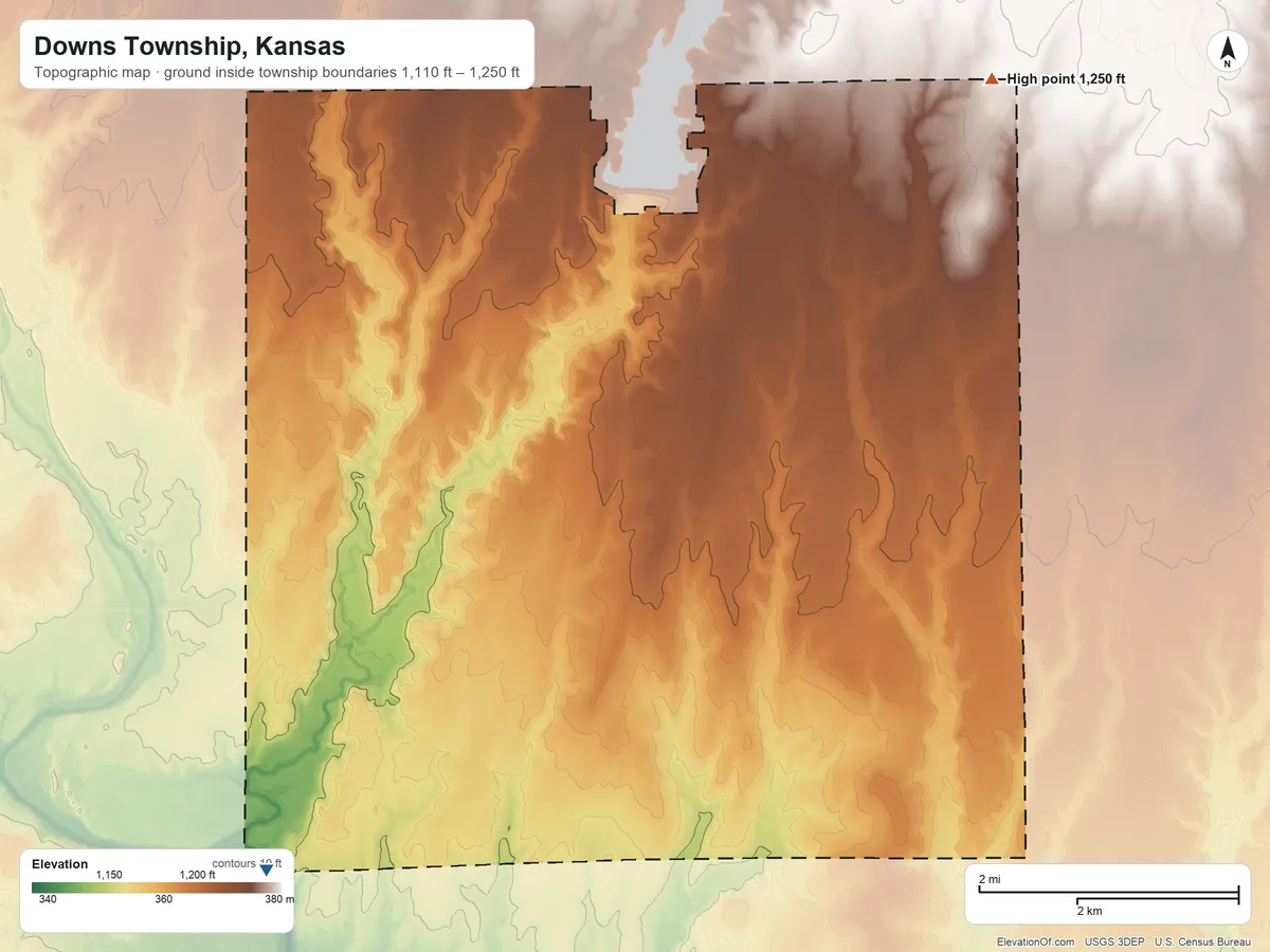 Topographic elevation map of Downs Township, Kansas, shaded from 1,110 ft on the southwest side to 1,250 ft on the northeast side