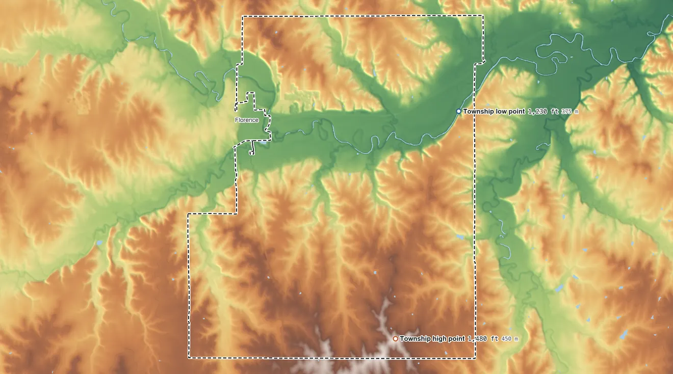 Topographic elevation map of Doyle Township, Kansas, shaded from 1,230 ft on the northeast side to 1,480 ft on the south side