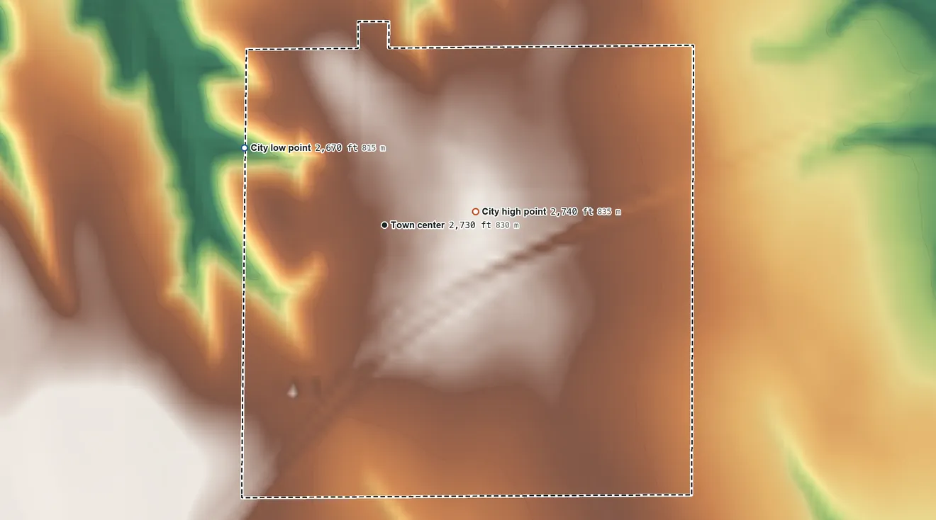 Topographic elevation map of Dresden, Kansas, shaded from 2,670 ft on the northwest side to 2,740 ft on the east side