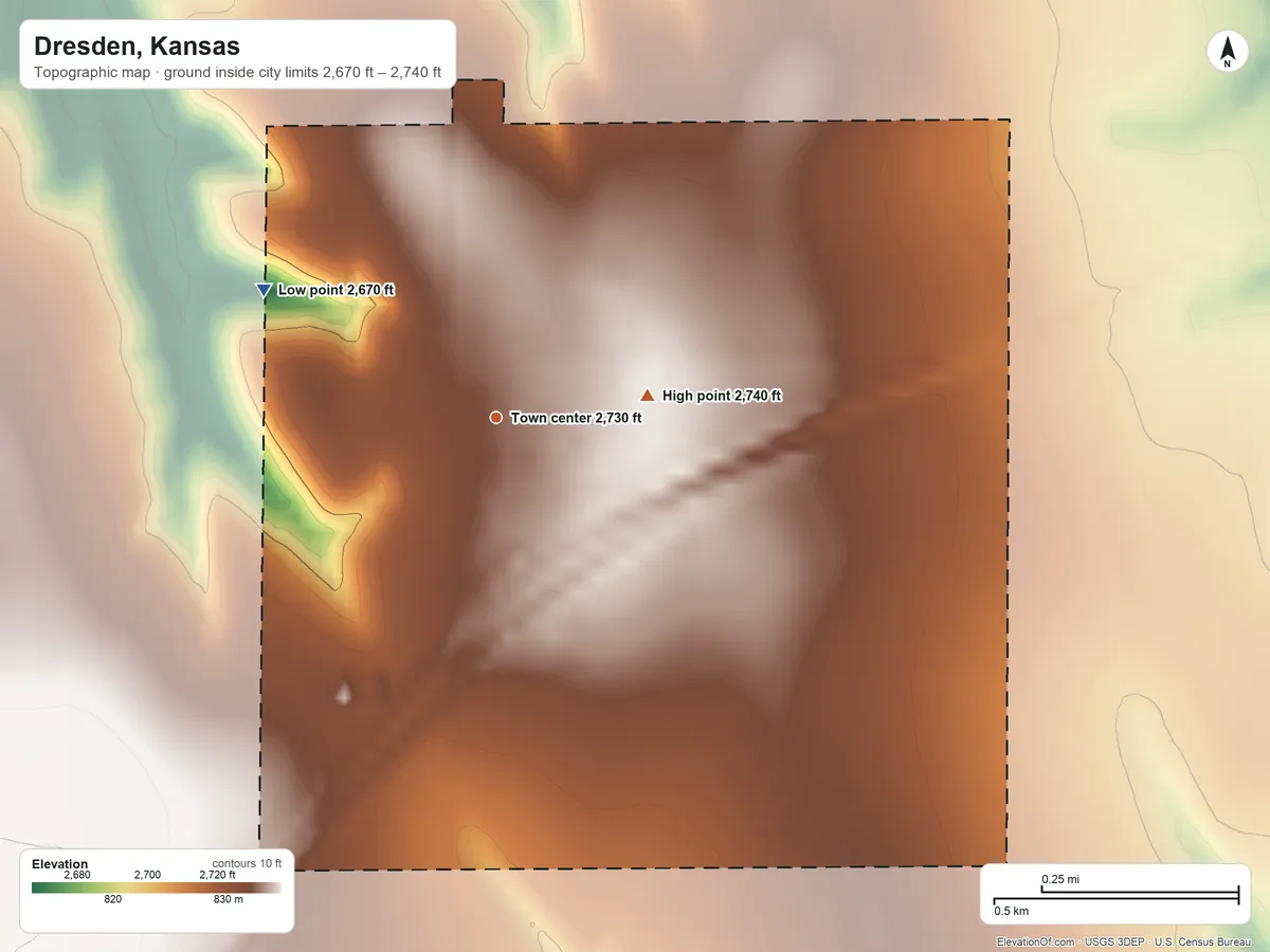 Topographic elevation map of Dresden, Kansas, shaded from 2,670 ft on the northwest side to 2,740 ft on the east side