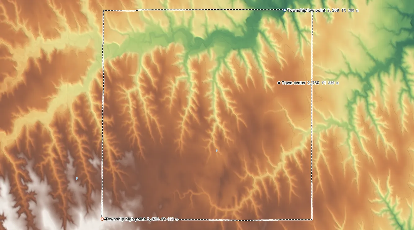 Topographic elevation map of Dresden Township, Decatur County, Kansas, shaded from 2,560 ft on the north side to 2,830 ft on the southwest side