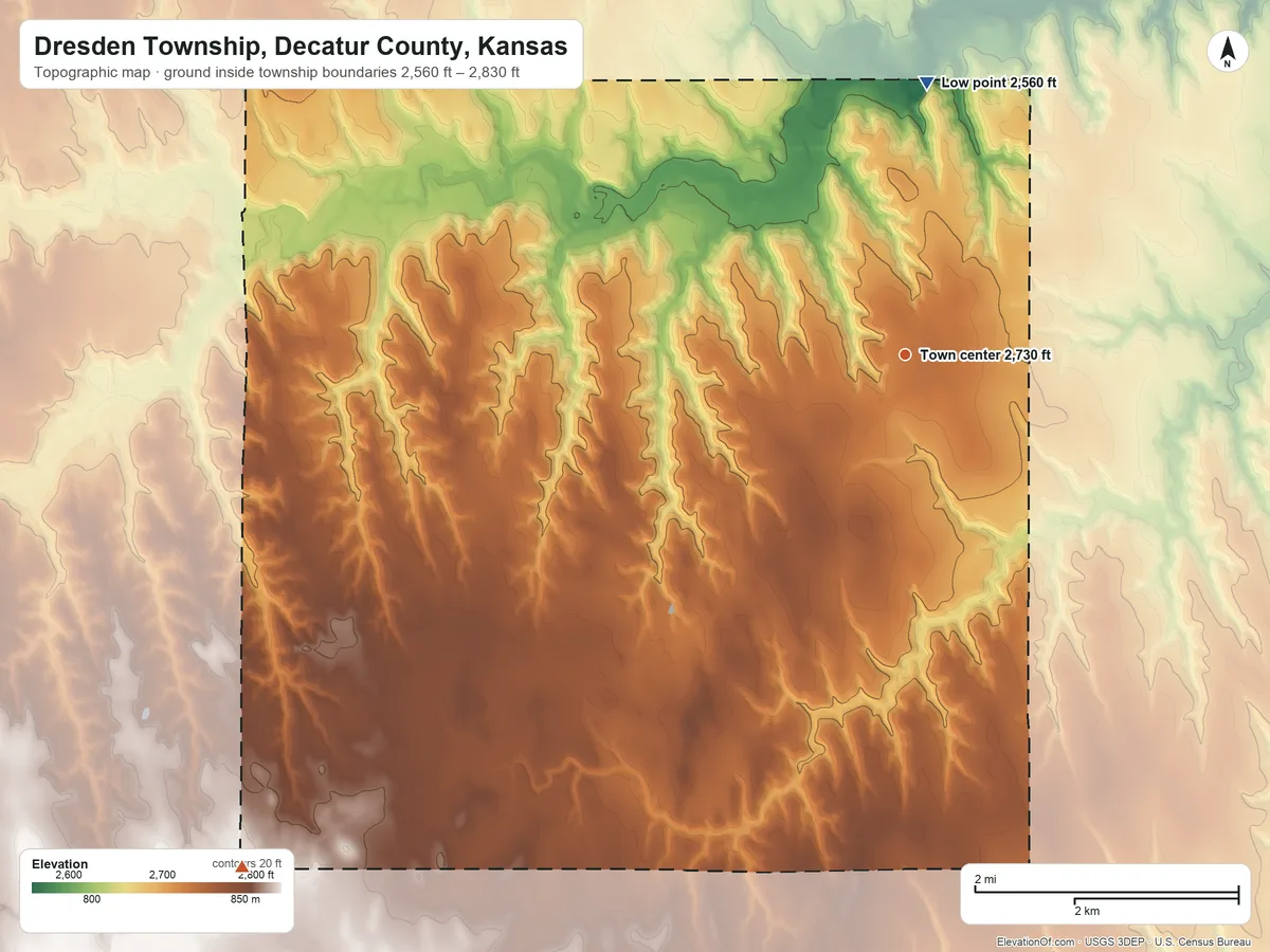 Topographic elevation map of Dresden Township, Decatur County, Kansas, shaded from 2,560 ft on the north side to 2,830 ft on the southwest side