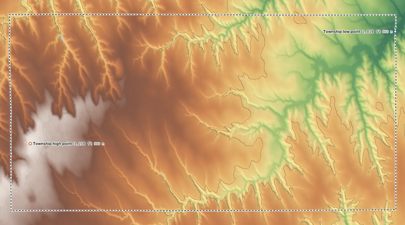 Topographic elevation map of Driftwood Township, Kansas, shaded from 2,810 ft on the northeast side to 3,210 ft on the west side