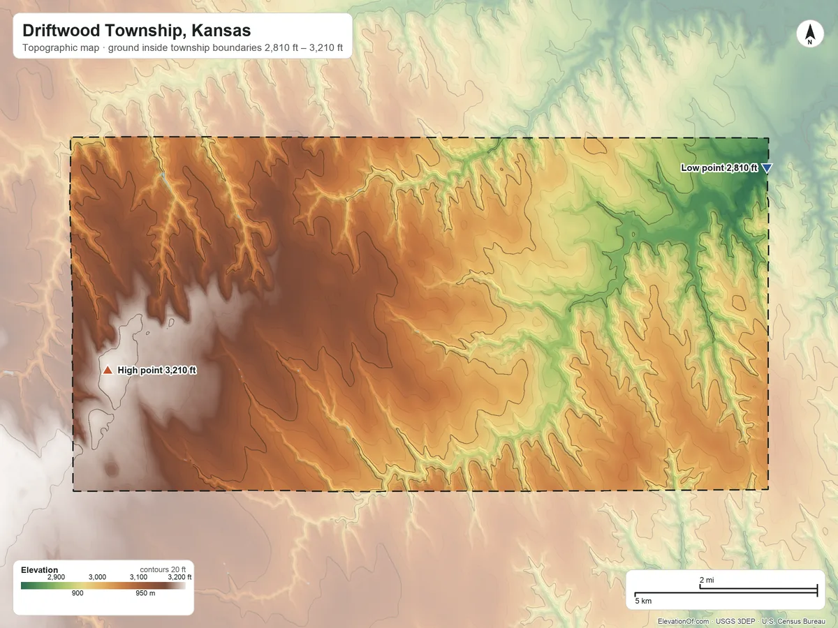 Topographic elevation map of Driftwood Township, Kansas, shaded from 2,810 ft on the northeast side to 3,210 ft on the west side