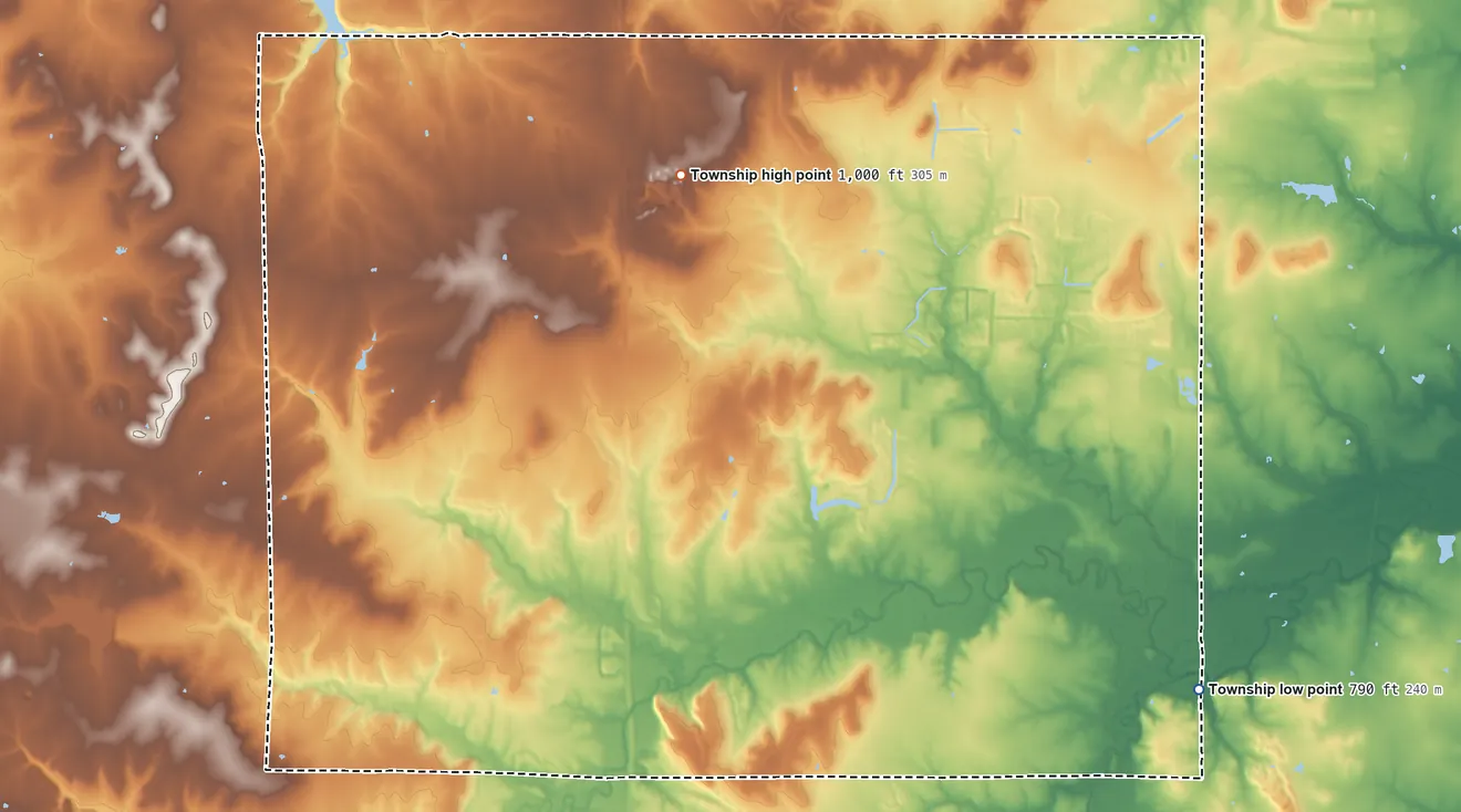 Topographic elevation map of Drywood Township, Kansas, shaded from 790 ft on the southeast side to 1,000 ft on the northwest side