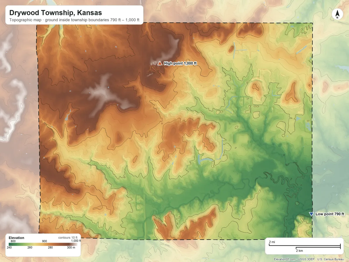 Topographic elevation map of Drywood Township, Kansas, shaded from 790 ft on the southeast side to 1,000 ft on the northwest side