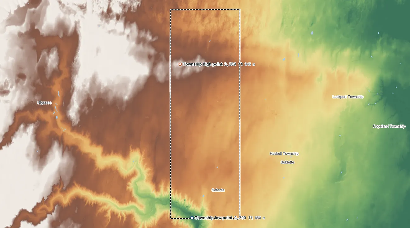 Topographic elevation map of Dudley Township, Kansas, shaded from 2,790 ft on the southwest side to 3,100 ft on the north side