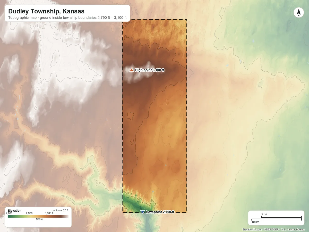 Topographic elevation map of Dudley Township, Kansas, shaded from 2,790 ft on the southwest side to 3,100 ft on the north side