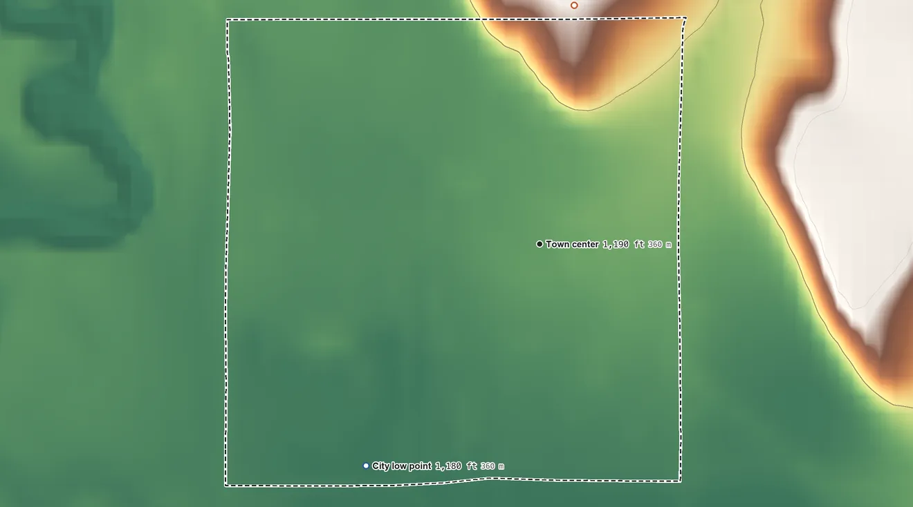 Topographic elevation map of Dunlap, Kansas, shaded from 1,180 ft on the southwest side to 1,240 ft on the north side