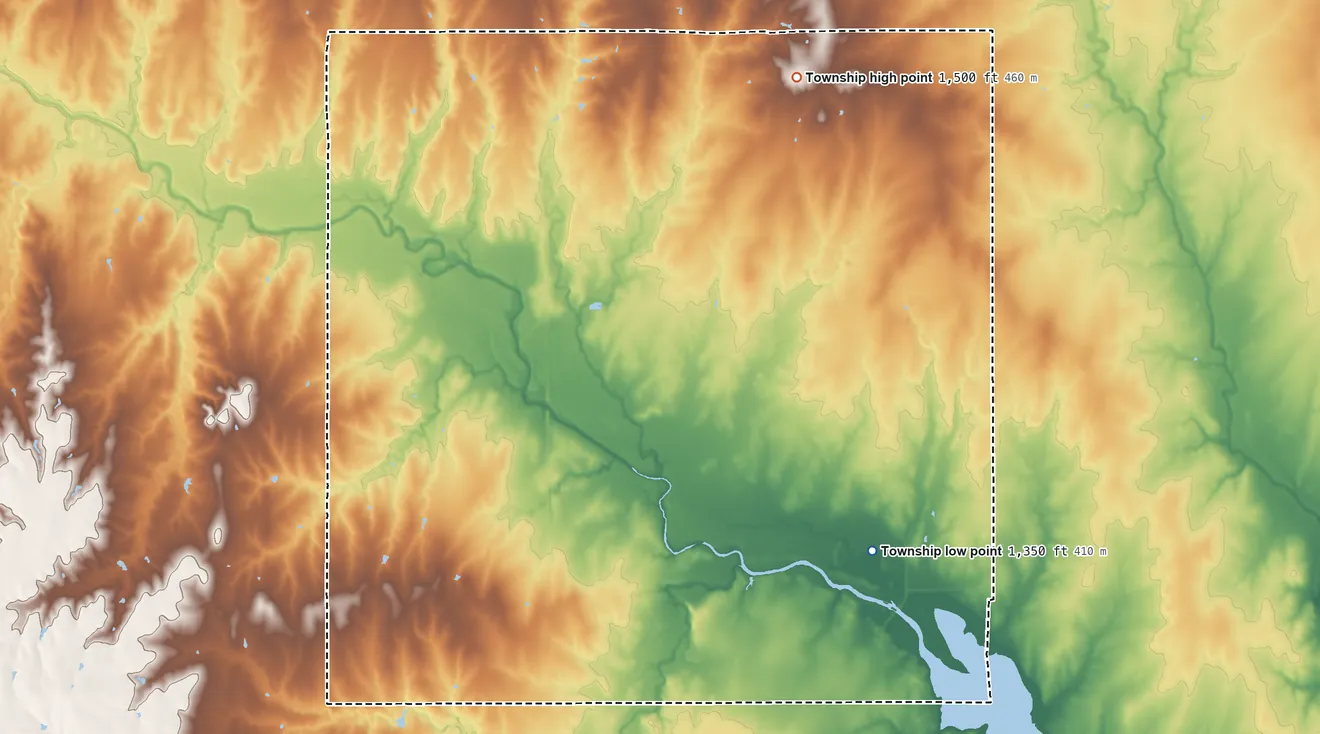 Topographic elevation map of Durham Park Township, Kansas, shaded from 1,350 ft on the southeast side to 1,500 ft on the northeast side