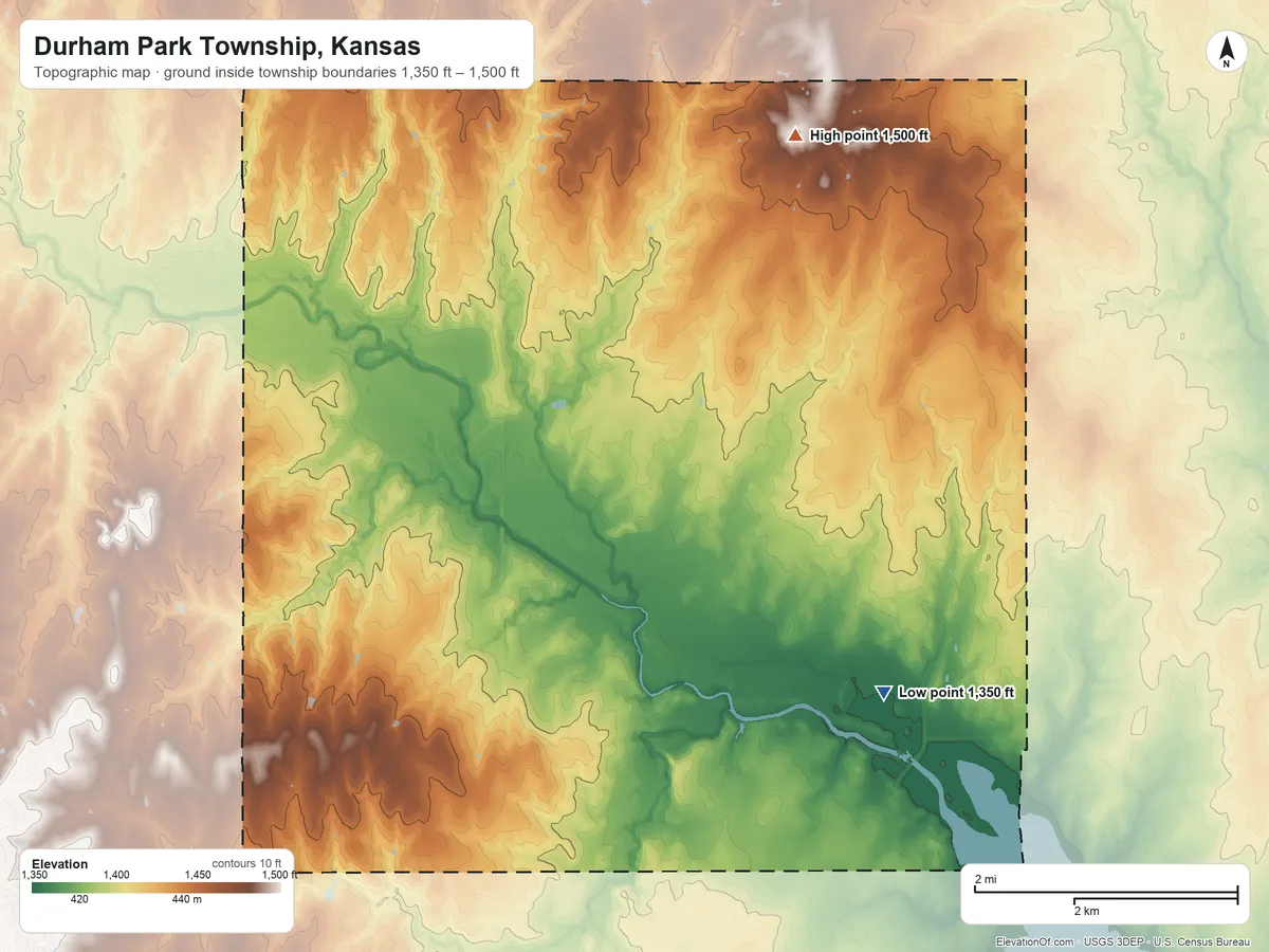 Topographic elevation map of Durham Park Township, Kansas, shaded from 1,350 ft on the southeast side to 1,500 ft on the northeast side