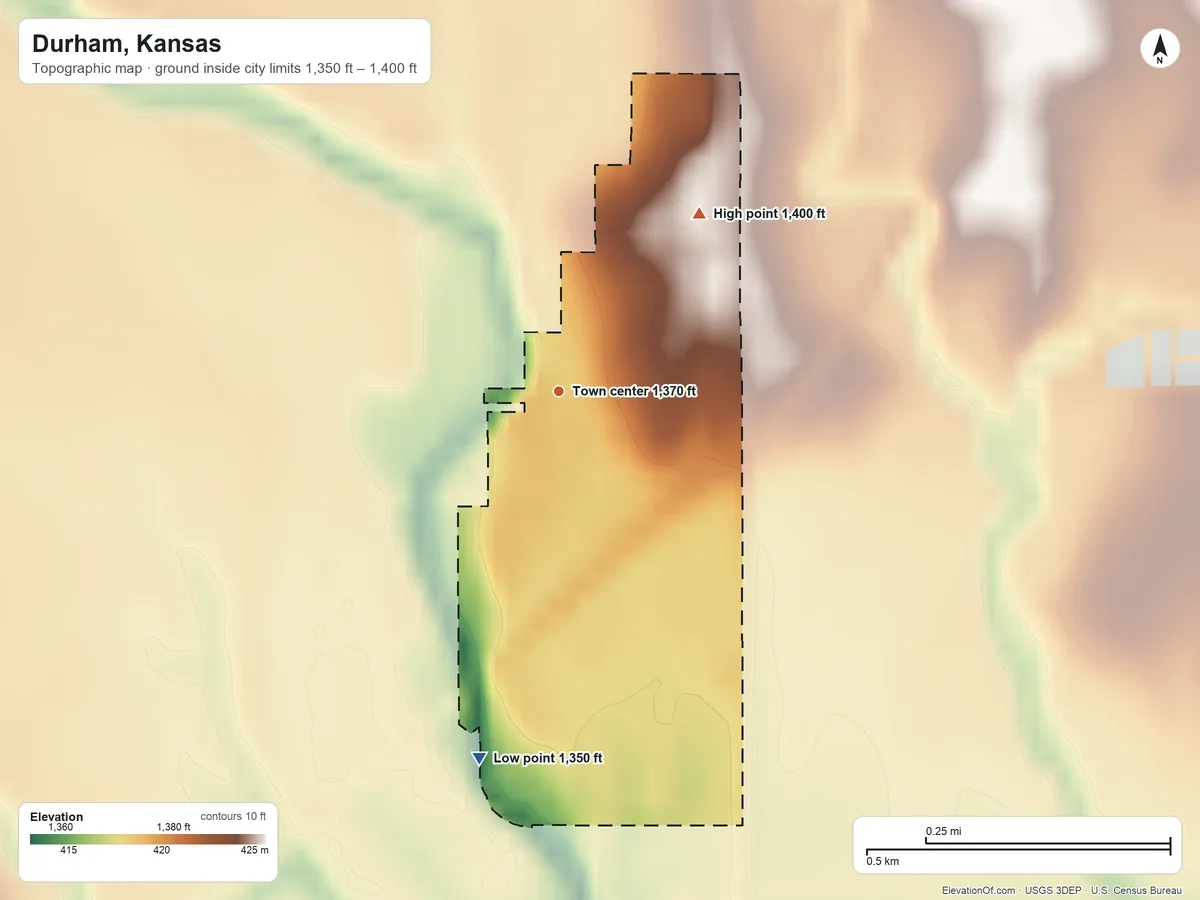 Topographic elevation map of Durham, Kansas, shaded from 1,350 ft on the south side to 1,400 ft on the northeast side