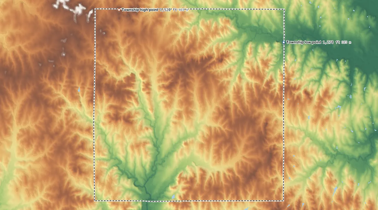 Topographic elevation map of Durham Township, Kansas, shaded from 1,270 ft on the northeast side to 1,520 ft on the northwest side